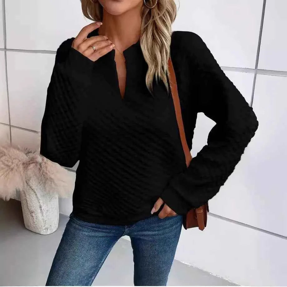 Women Sweatshirt 2025 Spring Autumn Latest Fashion Solid Color Deep V-Neck Pullover Long Sleeved Casual Hoodie Loose Sporty Top