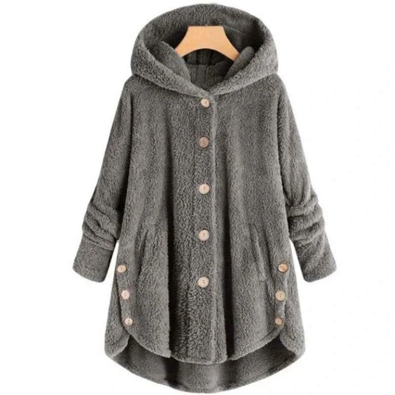 Winter Women's Coat Cute Cats Ears Velvet Hooded Irregular Hem Buttons Plush Jacket Fleece Oversized Hoodie Coat