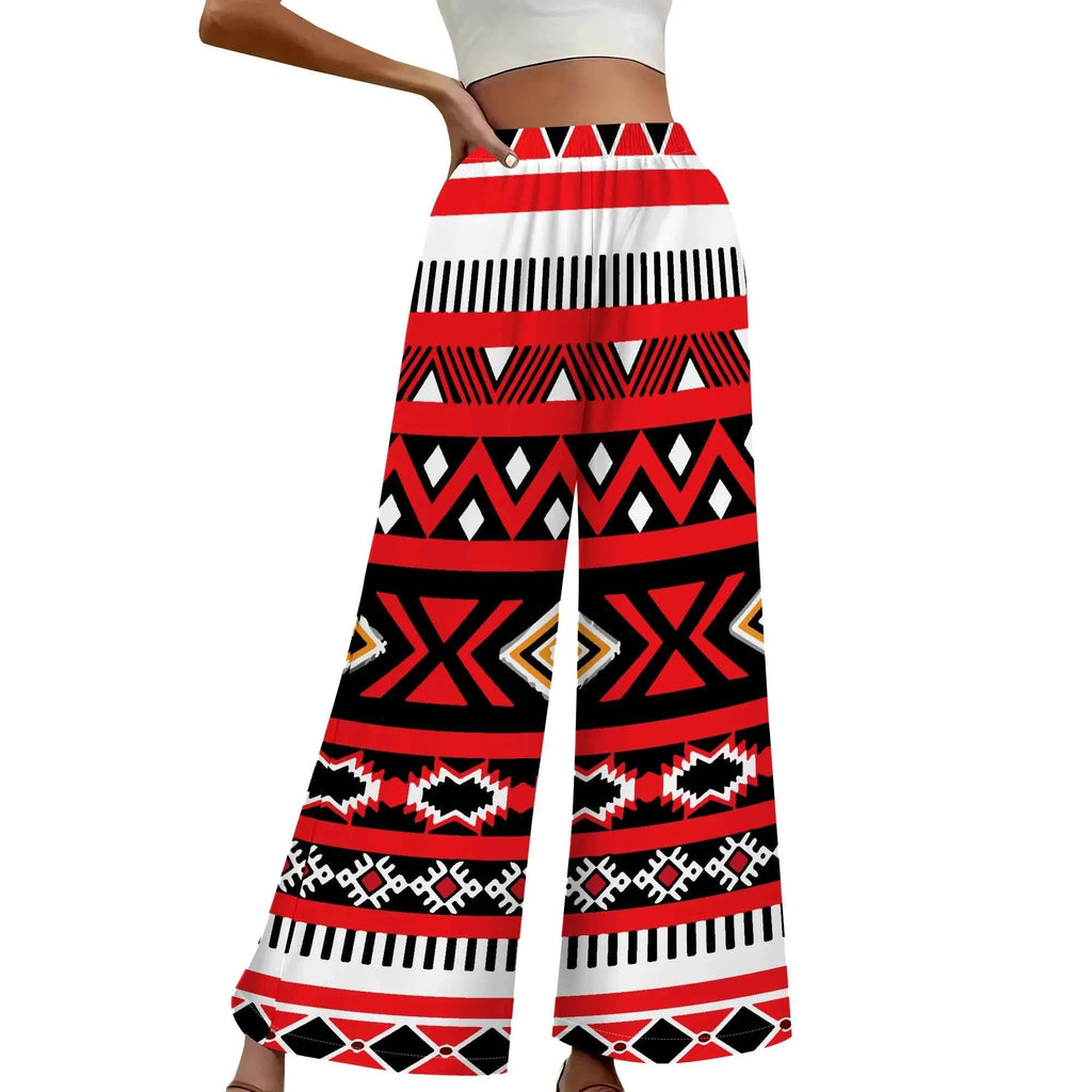 Women's Summer Wide Leg Pants African High Wasited Baggy Palazzo Pants Casual Bell Bottom Elastic Waist Pants
