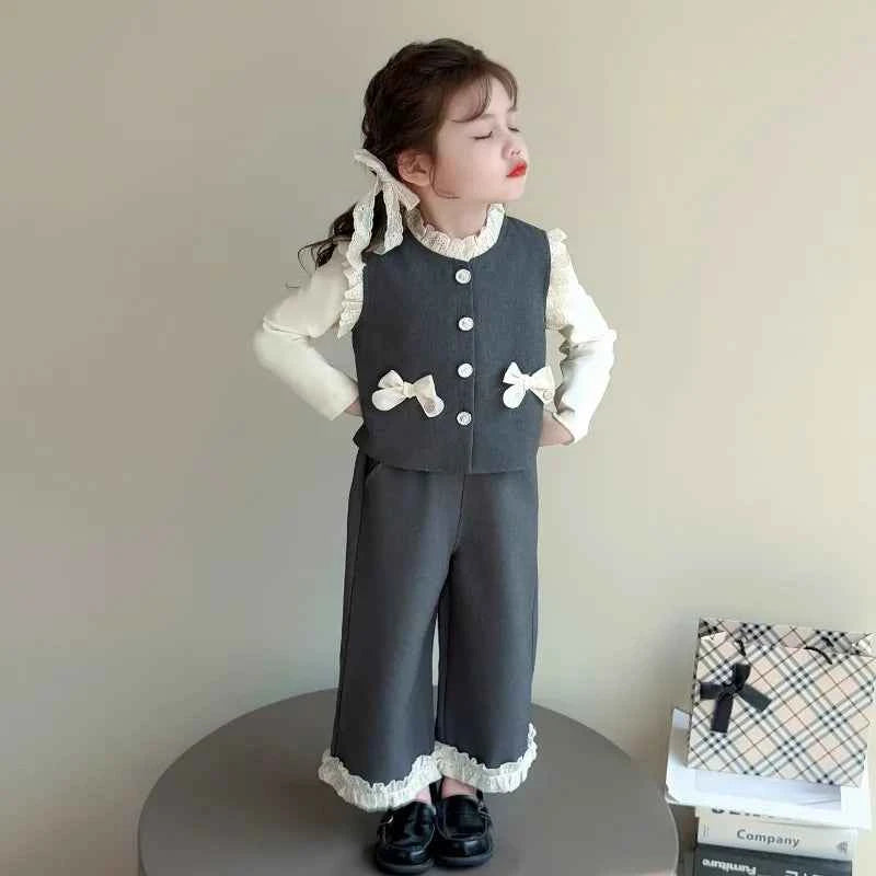 Children Clothing Sets Girls Lace Bow Vest +Casual Base Shirt+wide Leg Pants Three Piece Set Fashion Little Kids Casual Suit