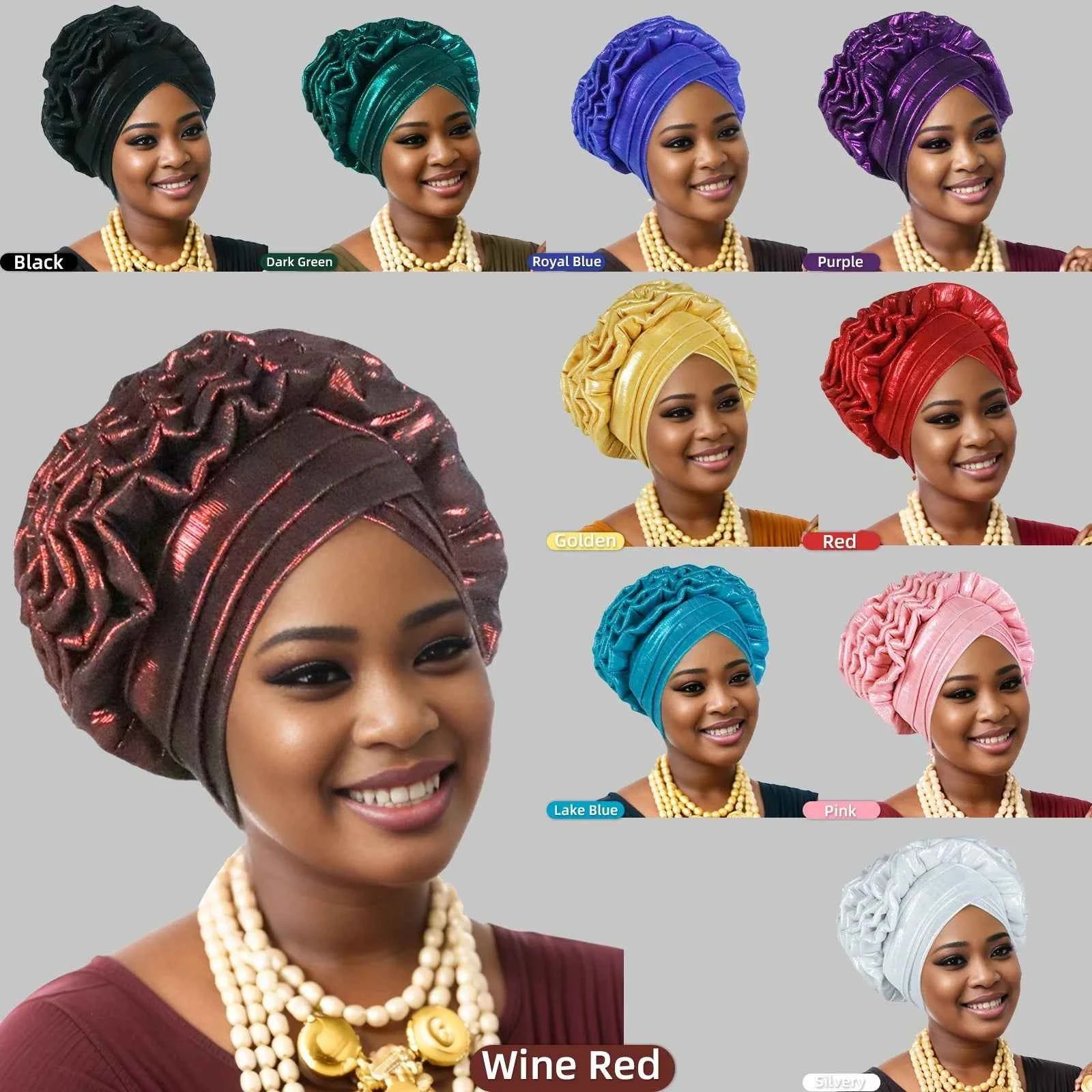 New Fashion African Auto Gele Headties Muslim Glitter Ruffled Turban Hijab Bonnet Nigerian Wedding Festival Baotou Hat for Woman