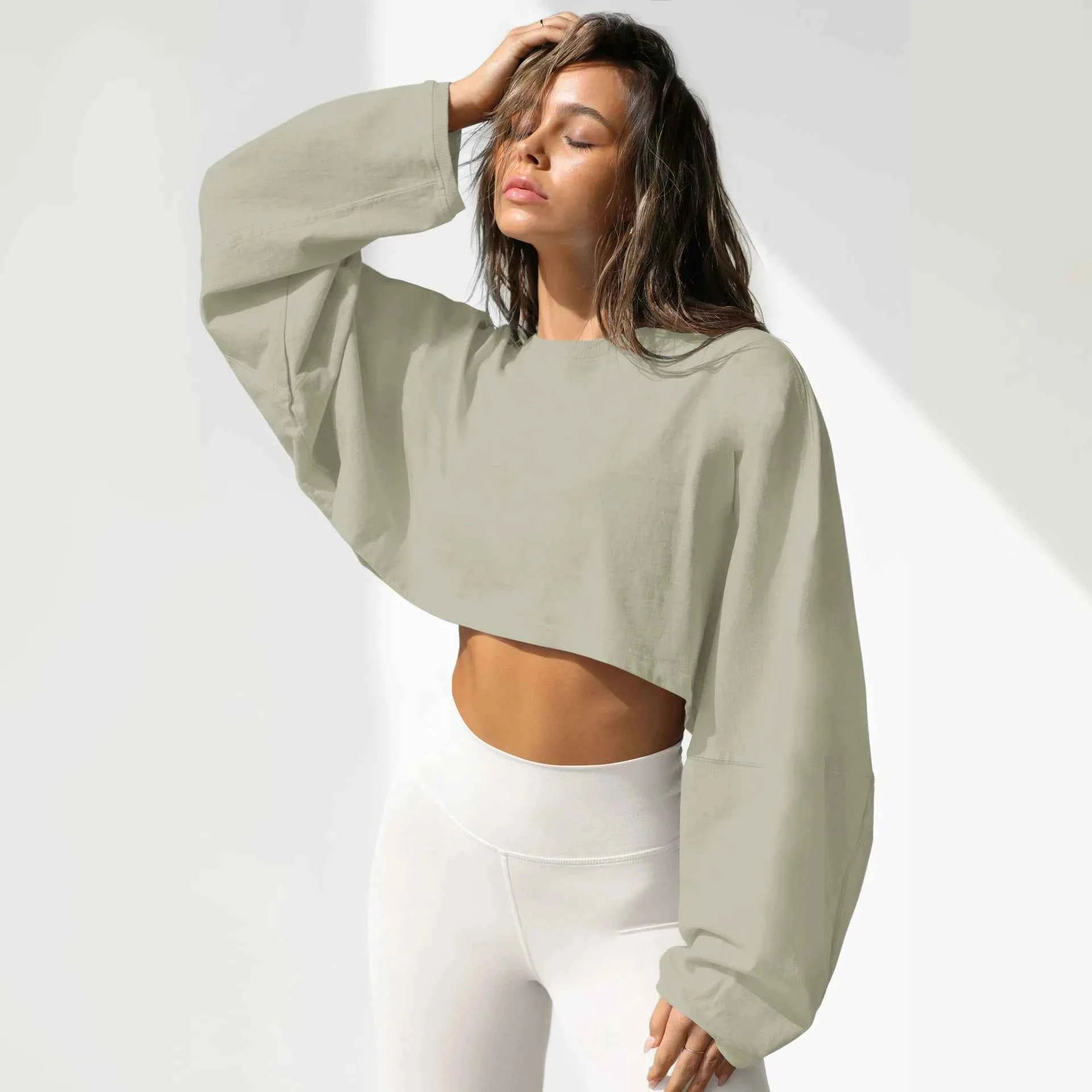 Women Crewneck Cropped Sweatshirt Long Sleeve Crop Tops Casual Loose Fit Athletic Gym Yoga Sport Workout Crop Sweatshirt Tops