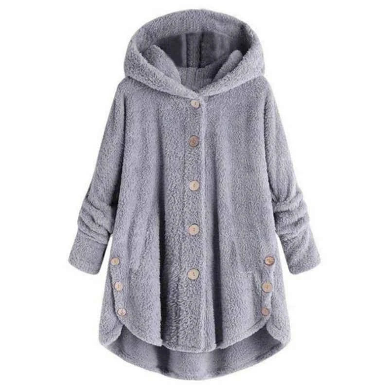 Winter Women's Coat Cute Cats Ears Velvet Hooded Irregular Hem Buttons Plush Jacket Fleece Oversized Hoodie Coat