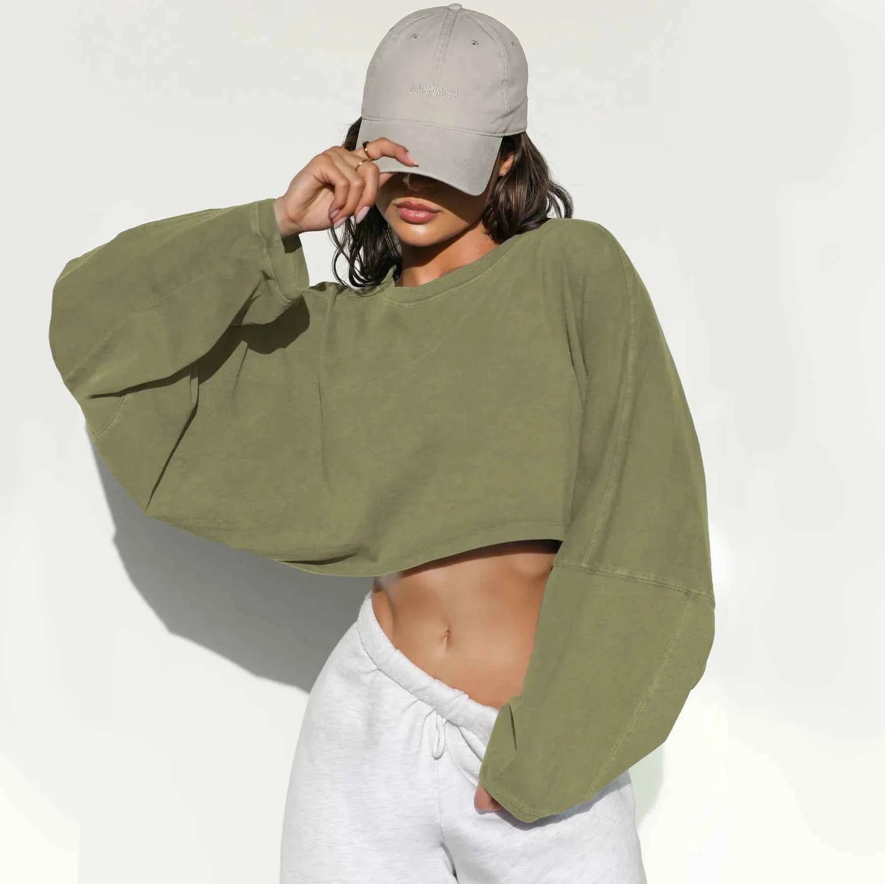 Women Crewneck Cropped Sweatshirt Long Sleeve Crop Tops Casual Loose Fit Athletic Gym Yoga Sport Workout Crop Sweatshirt Tops