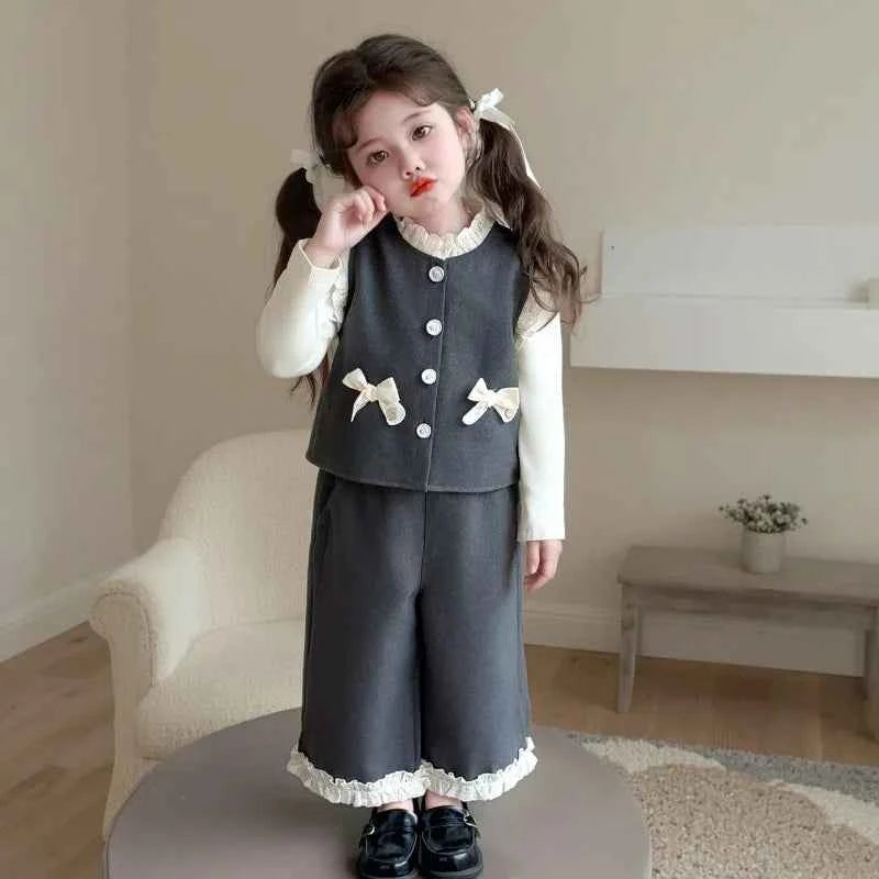 Children Clothing Sets Girls Lace Bow Vest +Casual Base Shirt+wide Leg Pants Three Piece Set Fashion Little Kids Casual Suit