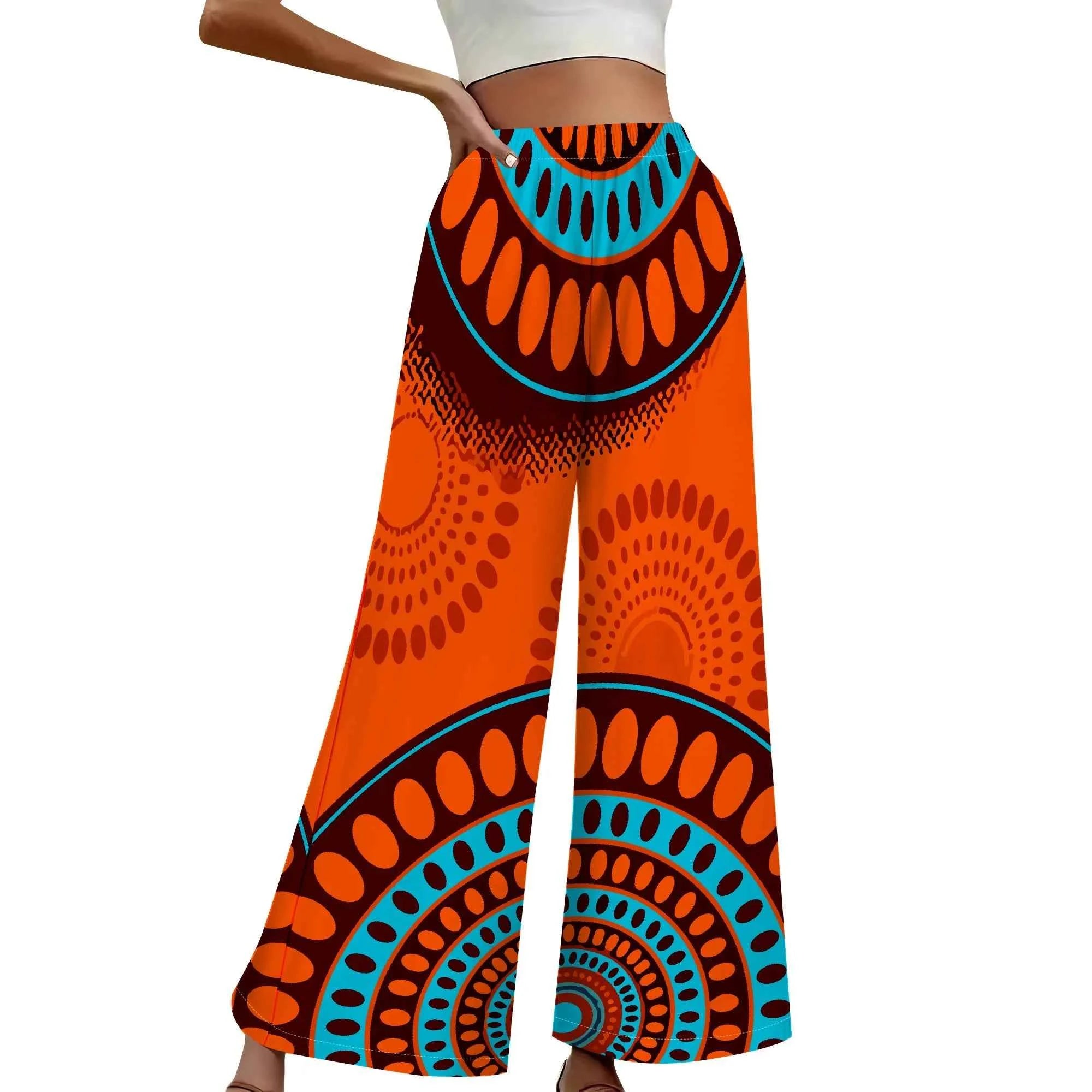 Women's Summer Wide Leg Pants African High Wasited Baggy Palazzo Pants Casual Bell Bottom Elastic Waist Pants