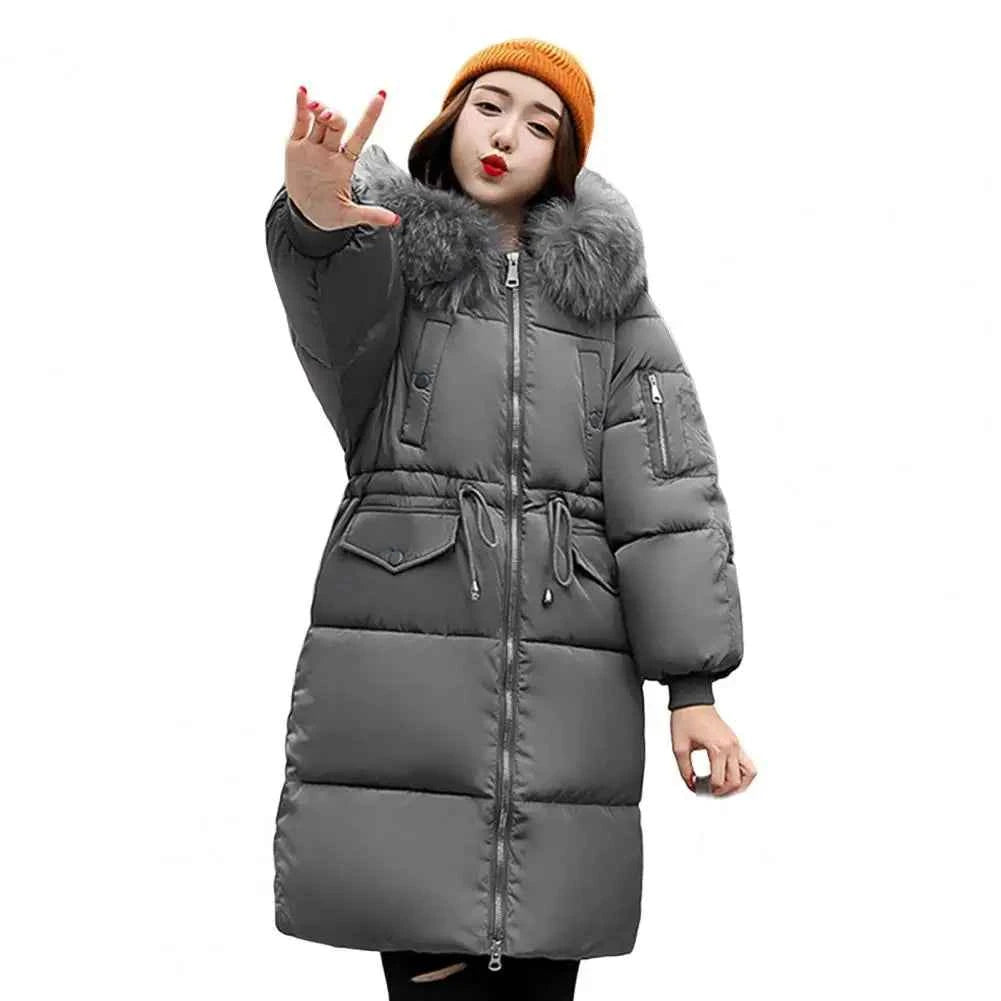 Winter Overcoat Down Coat Jacket Women Fur Furry Hood Thickened Padded Drawstring Waist Zipper Mid Length Cotton Coat