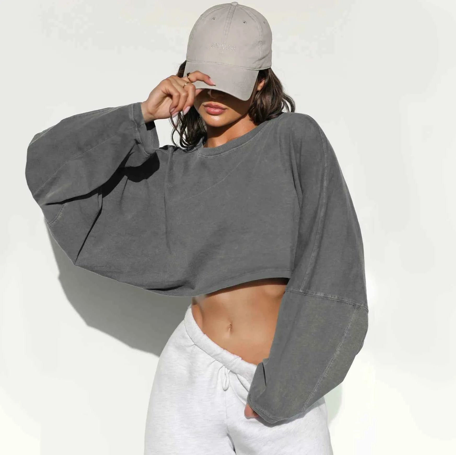 Women Crewneck Cropped Sweatshirt Long Sleeve Crop Tops Casual Loose Fit Athletic Gym Yoga Sport Workout Crop Sweatshirt Tops
