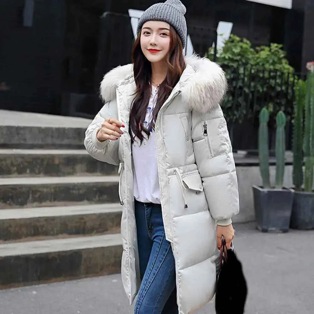Winter Overcoat Down Coat Jacket Women Fur Furry Hood Thickened Padded Drawstring Waist Zipper Mid Length Cotton Coat