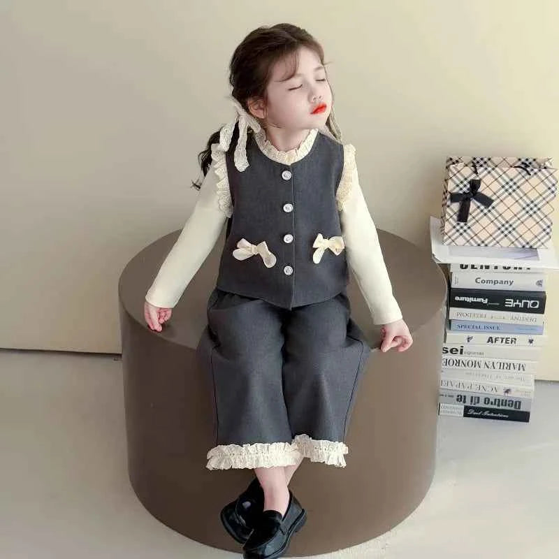 Children Clothing Sets Girls Lace Bow Vest +Casual Base Shirt+wide Leg Pants Three Piece Set Fashion Little Kids Casual Suit