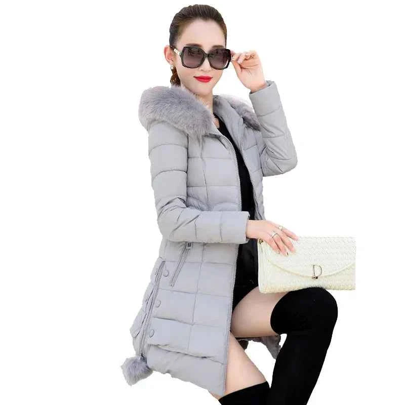 Winter Jacket Women 2024 Winter Coat Pure Color Casual Fur Collar Hooded Long Hooded Cotton Lady Jacket