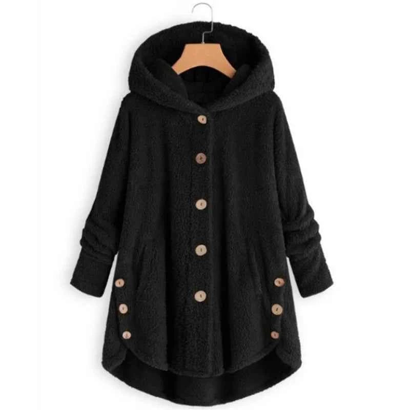 Winter Women's Coat Cute Cats Ears Velvet Hooded Irregular Hem Buttons Plush Jacket Fleece Oversized Hoodie Coat