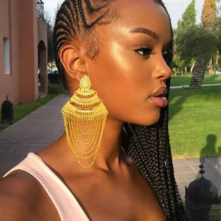 African Women Long Drop Earrings Dangle Gold Color Round Earrings For Women Earrings Trend Jewelry Gift Jewelry Accessories
