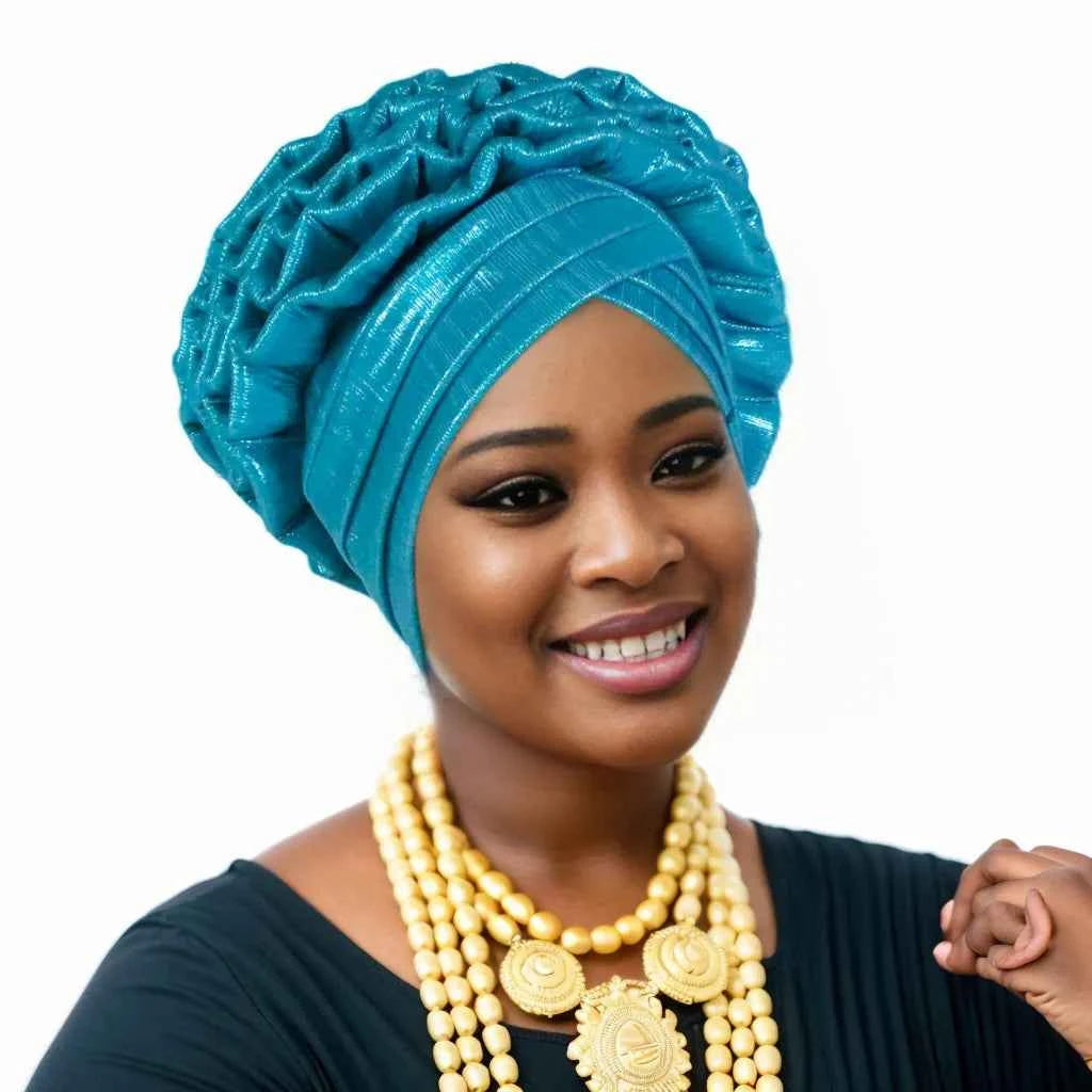 New Fashion African Auto Gele Headties Muslim Glitter Ruffled Turban Hijab Bonnet Nigerian Wedding Festival Baotou Hat for Woman