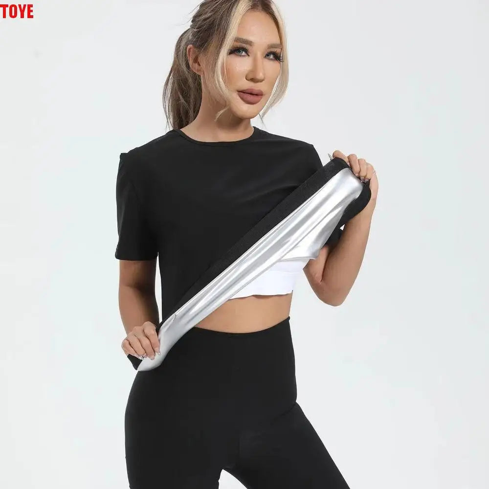 Sweat-resistant Sweat Short Sleeve Fat Burning Compression Fit Sauna Sweat Shirt Versatile Elastic Shapewear Top Yoga