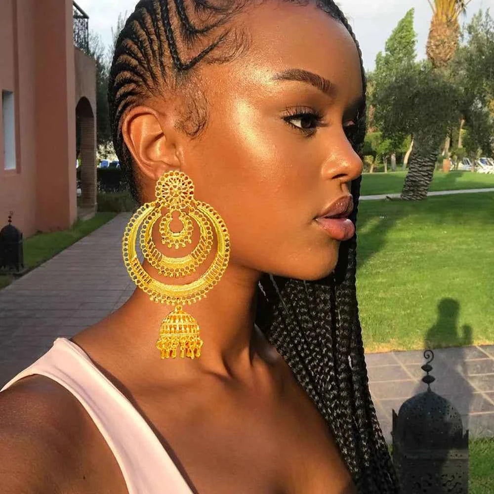 African Women Long Drop Earrings Dangle Gold Color Round Earrings For Women Earrings Trend Jewelry Gift Jewelry Accessories