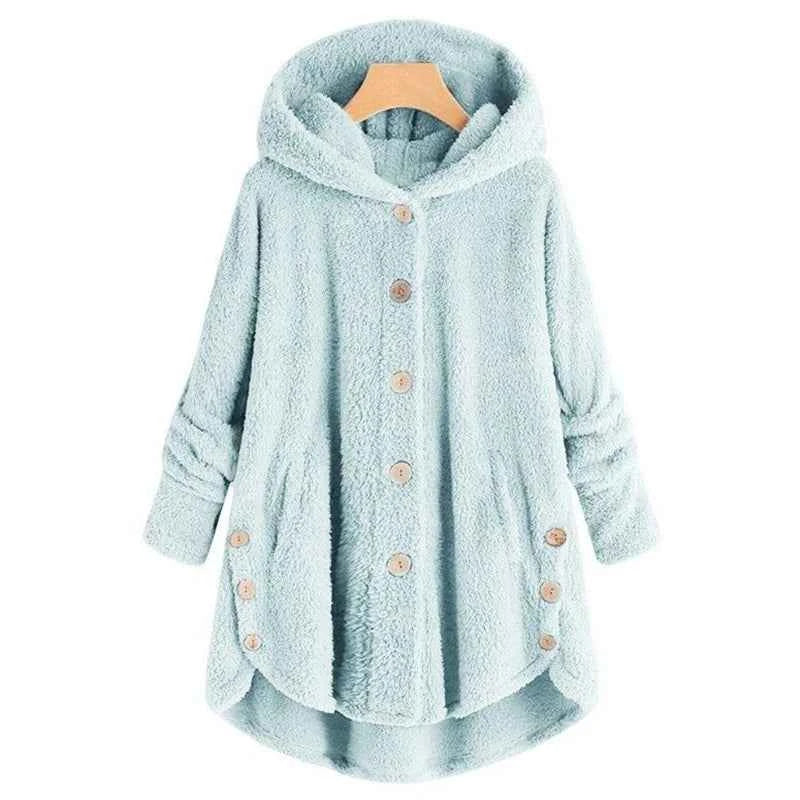 Winter Women's Coat Cute Cats Ears Velvet Hooded Irregular Hem Buttons Plush Jacket Fleece Oversized Hoodie Coat