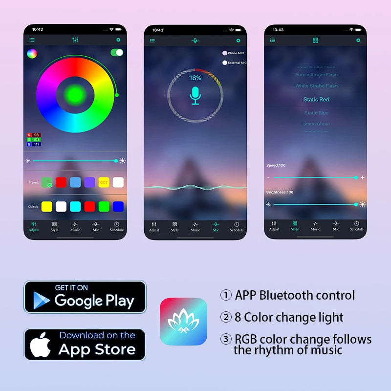 Striscia LED Musicale per Auto 48 LED – Controllo Bluetooth APP, RGB Multicolore Impermeabile per Interni Auto