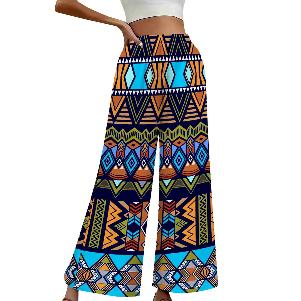 Women's Summer Wide Leg Pants African High Wasited Baggy Palazzo Pants Casual Bell Bottom Elastic Waist Pants