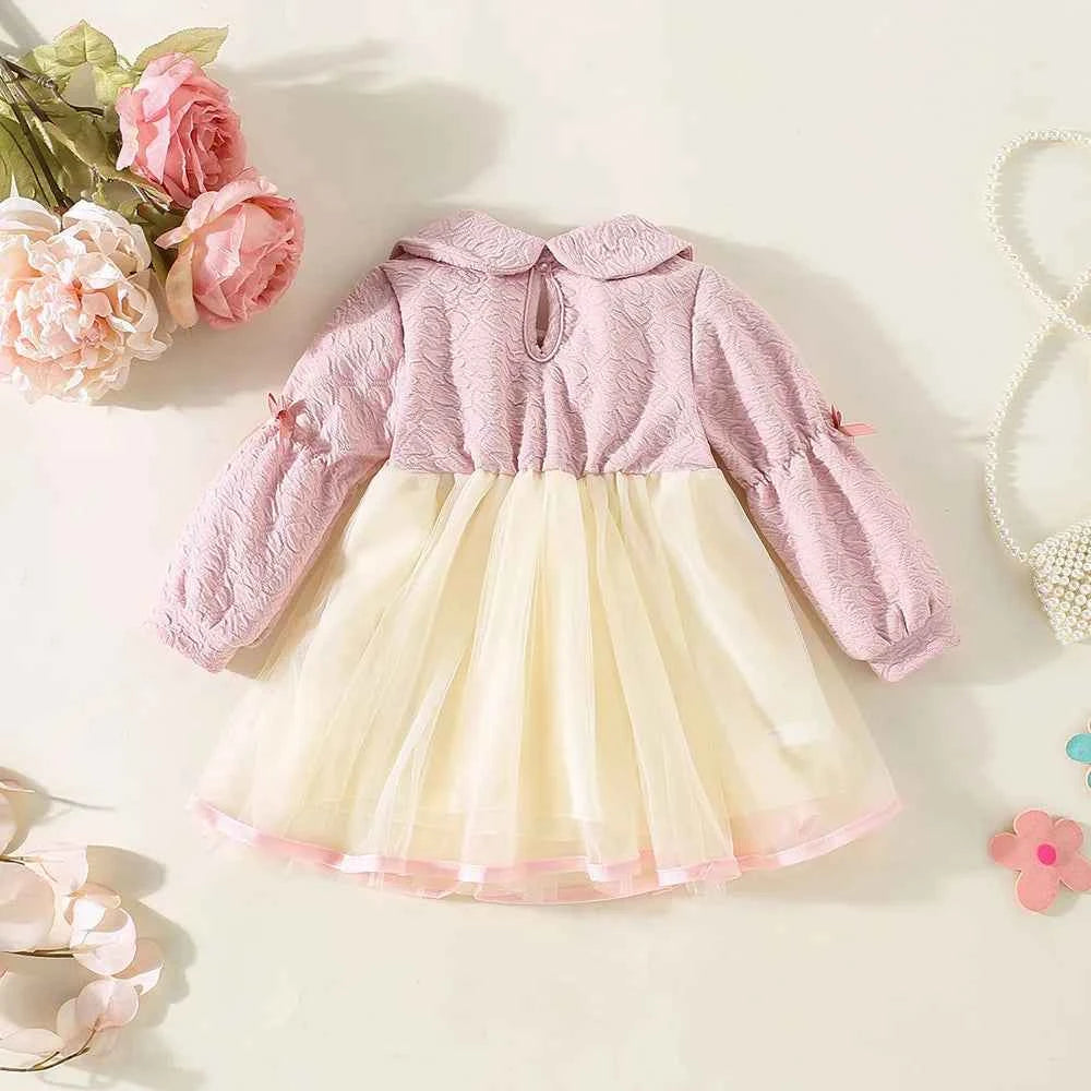 Children's Clothing Autumn New Style Girls' Dress Girls' Big Bow Children's Long Sleeved Sweet Mesh Skirt