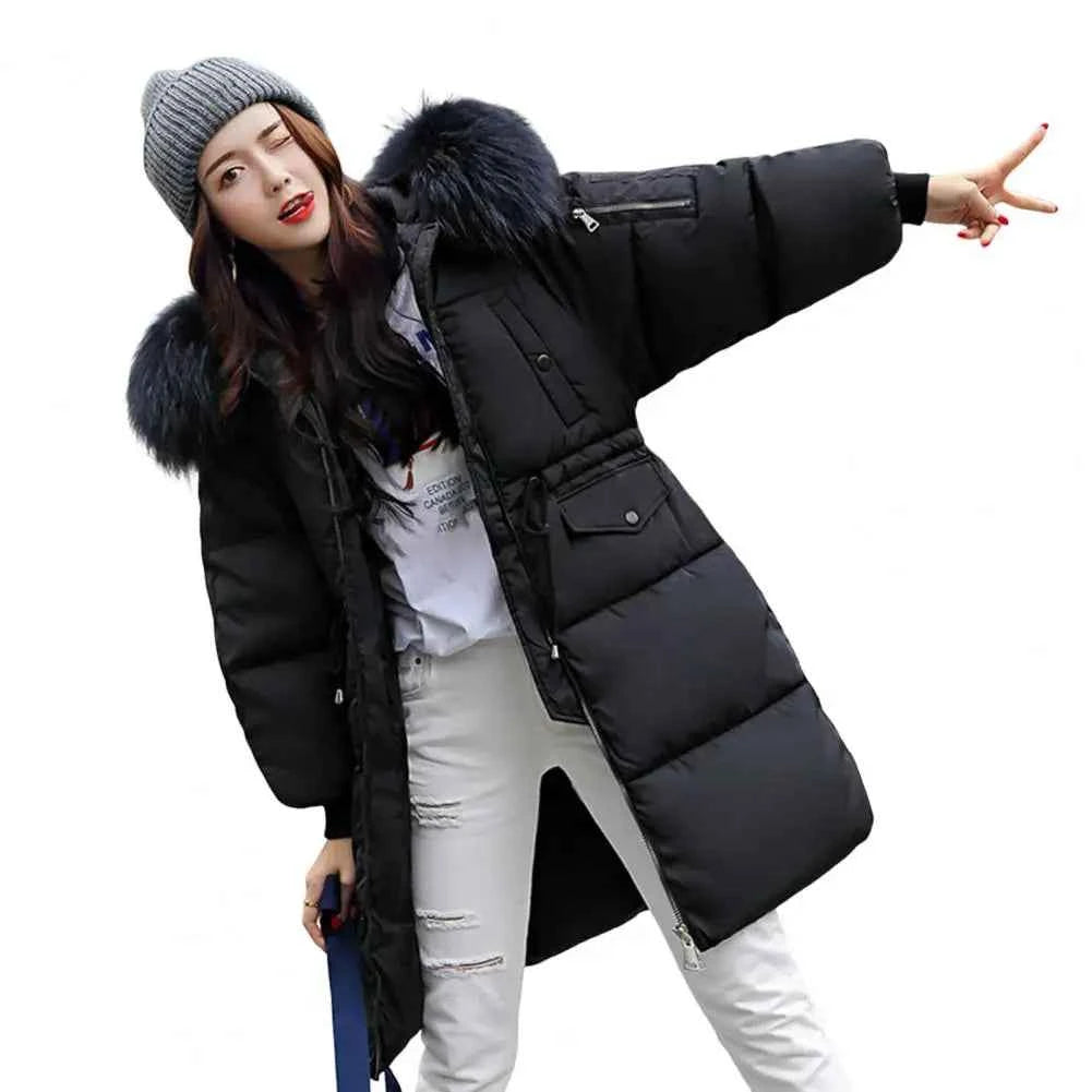 Winter Overcoat Down Coat Jacket Women Fur Furry Hood Thickened Padded Drawstring Waist Zipper Mid Length Cotton Coat