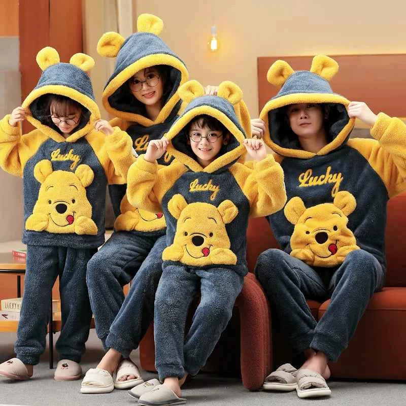 Cartoon Pajamas For Autumn And Winter Thickened And Warm Suitable For External Wear Parent-child Outfit  Hooded Set Home Wear