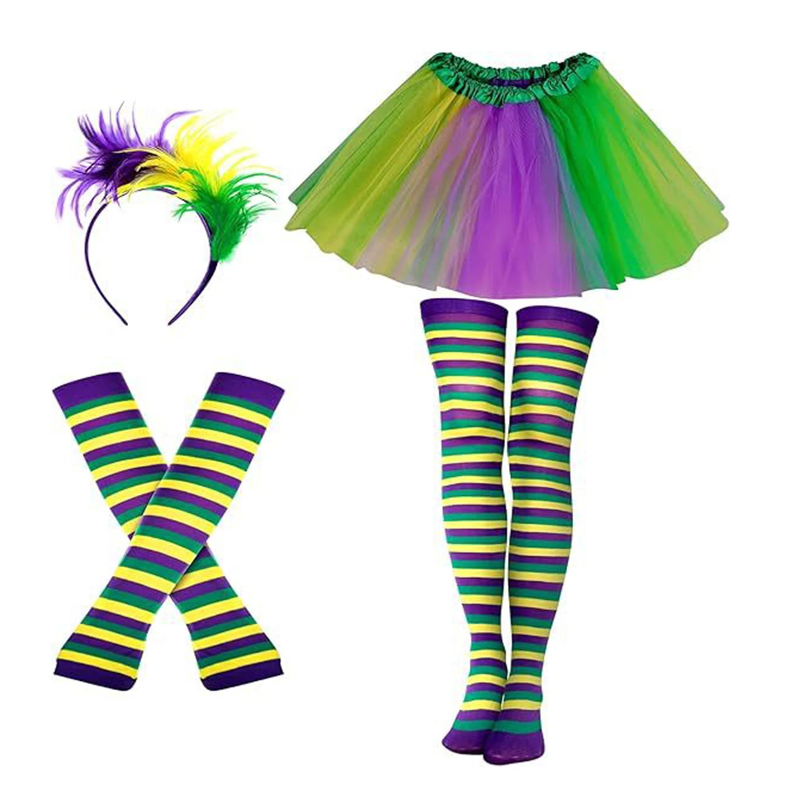 ostume Carnevale Donna - Gonna Chiffon Midi con Fascia Piume e Calze a Righe per Spettacoli