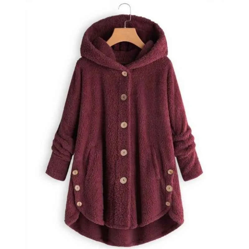 Winter Women's Coat Cute Cats Ears Velvet Hooded Irregular Hem Buttons Plush Jacket Fleece Oversized Hoodie Coat