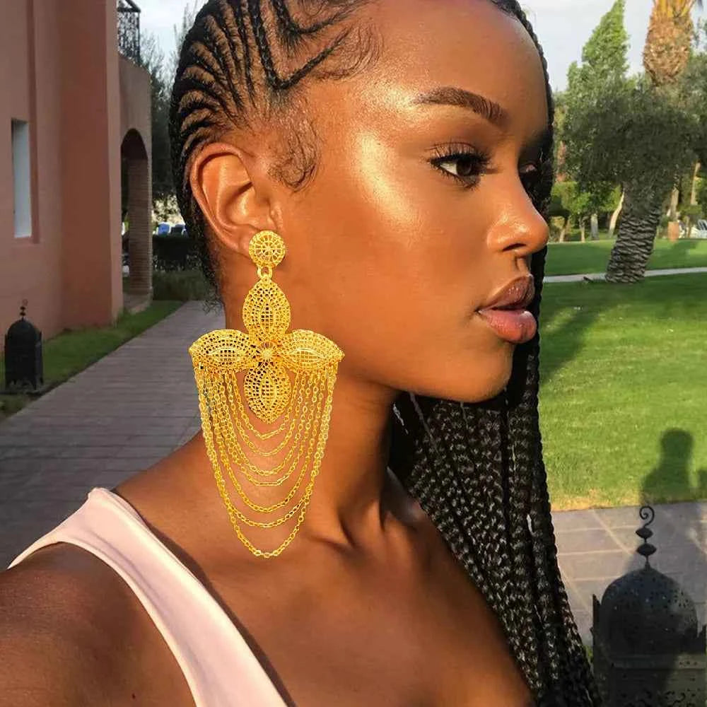 African Women Long Drop Earrings Dangle Gold Color Round Earrings For Women Earrings Trend Jewelry Gift Jewelry Accessories