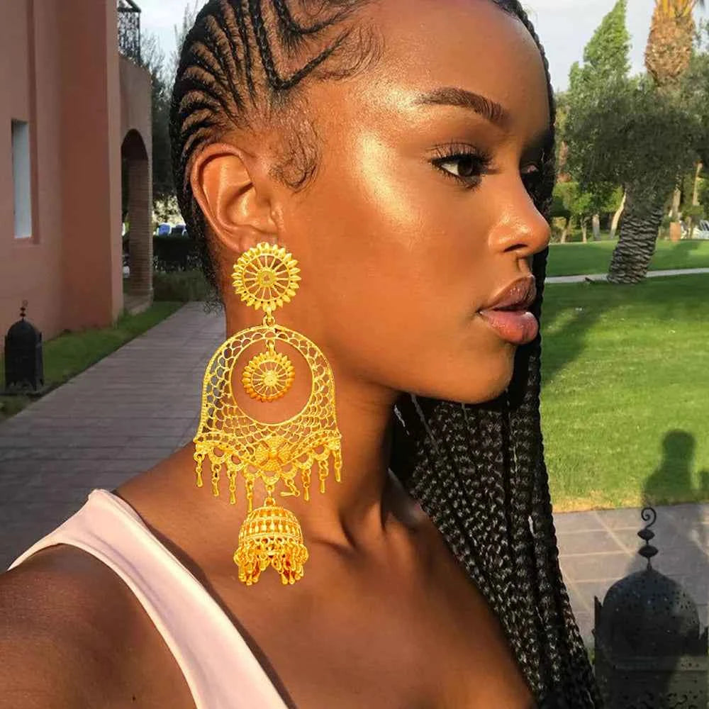 African Women Long Drop Earrings Dangle Gold Color Round Earrings For Women Earrings Trend Jewelry Gift Jewelry Accessories