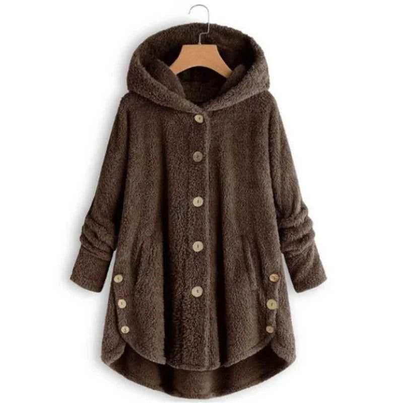 Winter Women's Coat Cute Cats Ears Velvet Hooded Irregular Hem Buttons Plush Jacket Fleece Oversized Hoodie Coat