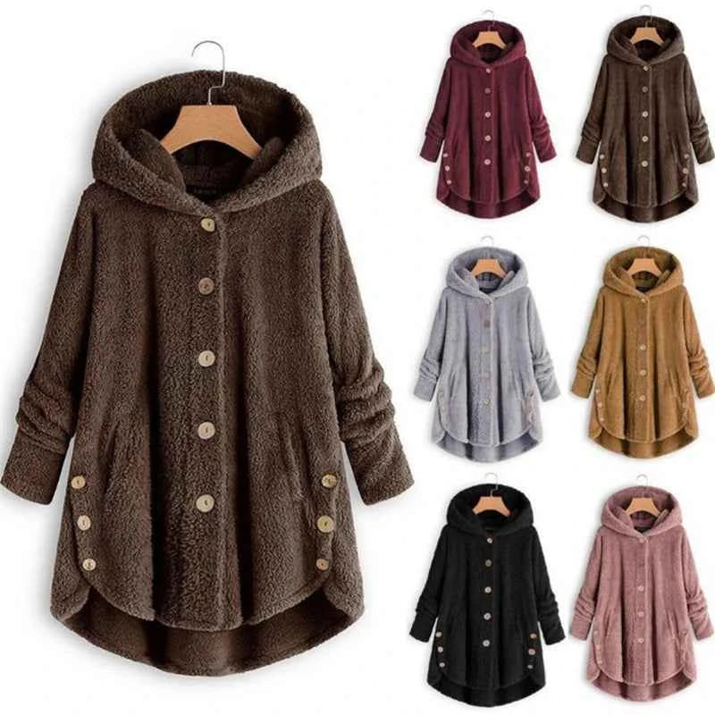 Winter Women's Coat Cute Cats Ears Velvet Hooded Irregular Hem Buttons Plush Jacket Fleece Oversized Hoodie Coat