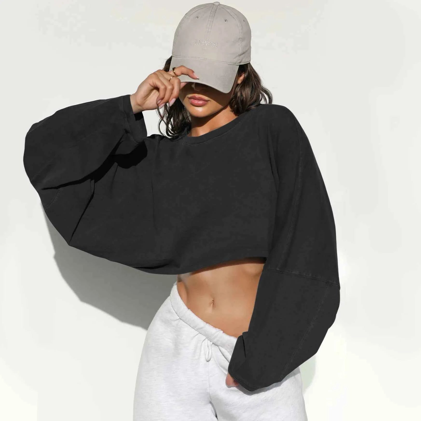 Women Crewneck Cropped Sweatshirt Long Sleeve Crop Tops Casual Loose Fit Athletic Gym Yoga Sport Workout Crop Sweatshirt Tops