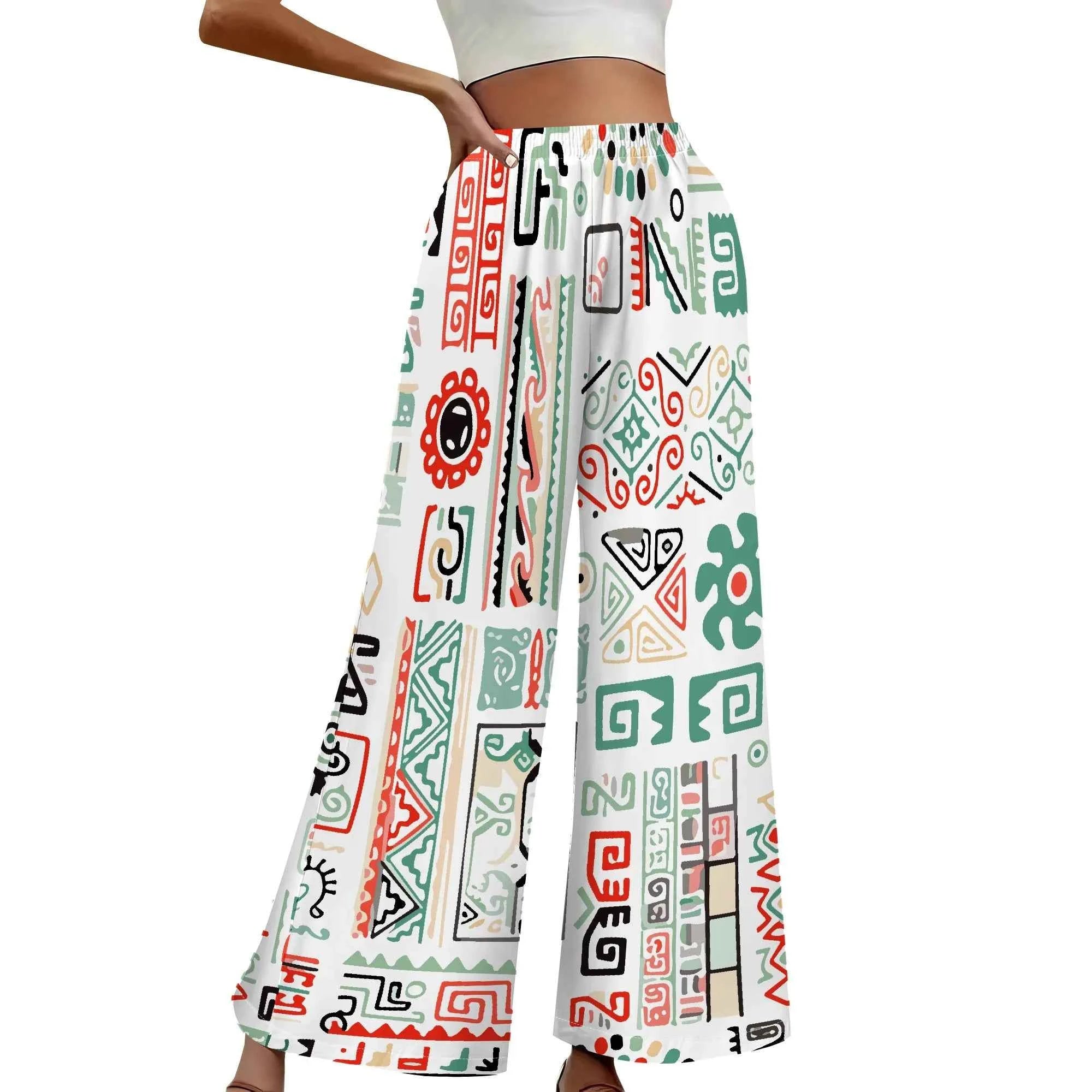 Women's Summer Wide Leg Pants African High Wasited Baggy Palazzo Pants Casual Bell Bottom Elastic Waist Pants