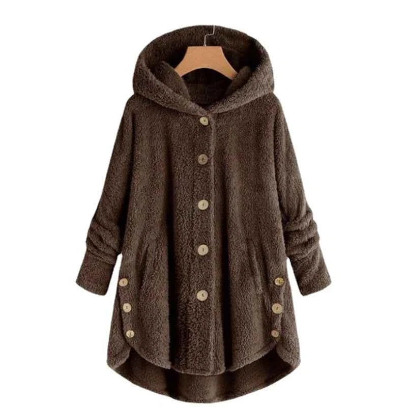 Winter Women's Coat Cute Cats Ears Velvet Hooded Irregular Hem Buttons Plush Jacket Fleece Oversized Hoodie Coat