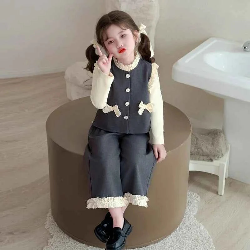 Children Clothing Sets Girls Lace Bow Vest +Casual Base Shirt+wide Leg Pants Three Piece Set Fashion Little Kids Casual Suit