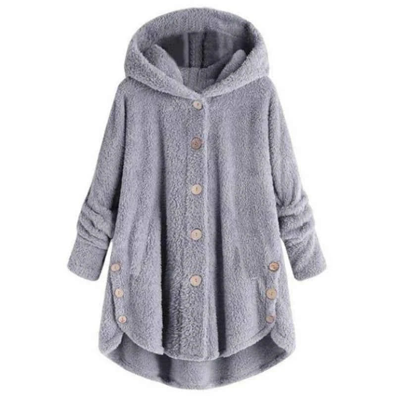 Winter Women's Coat Cute Cats Ears Velvet Hooded Irregular Hem Buttons Plush Jacket Fleece Oversized Hoodie Coat