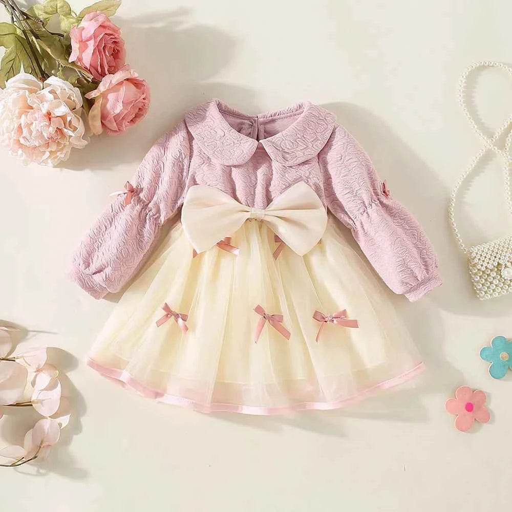 Children's Clothing Autumn New Style Girls' Dress Girls' Big Bow Children's Long Sleeved Sweet Mesh Skirt