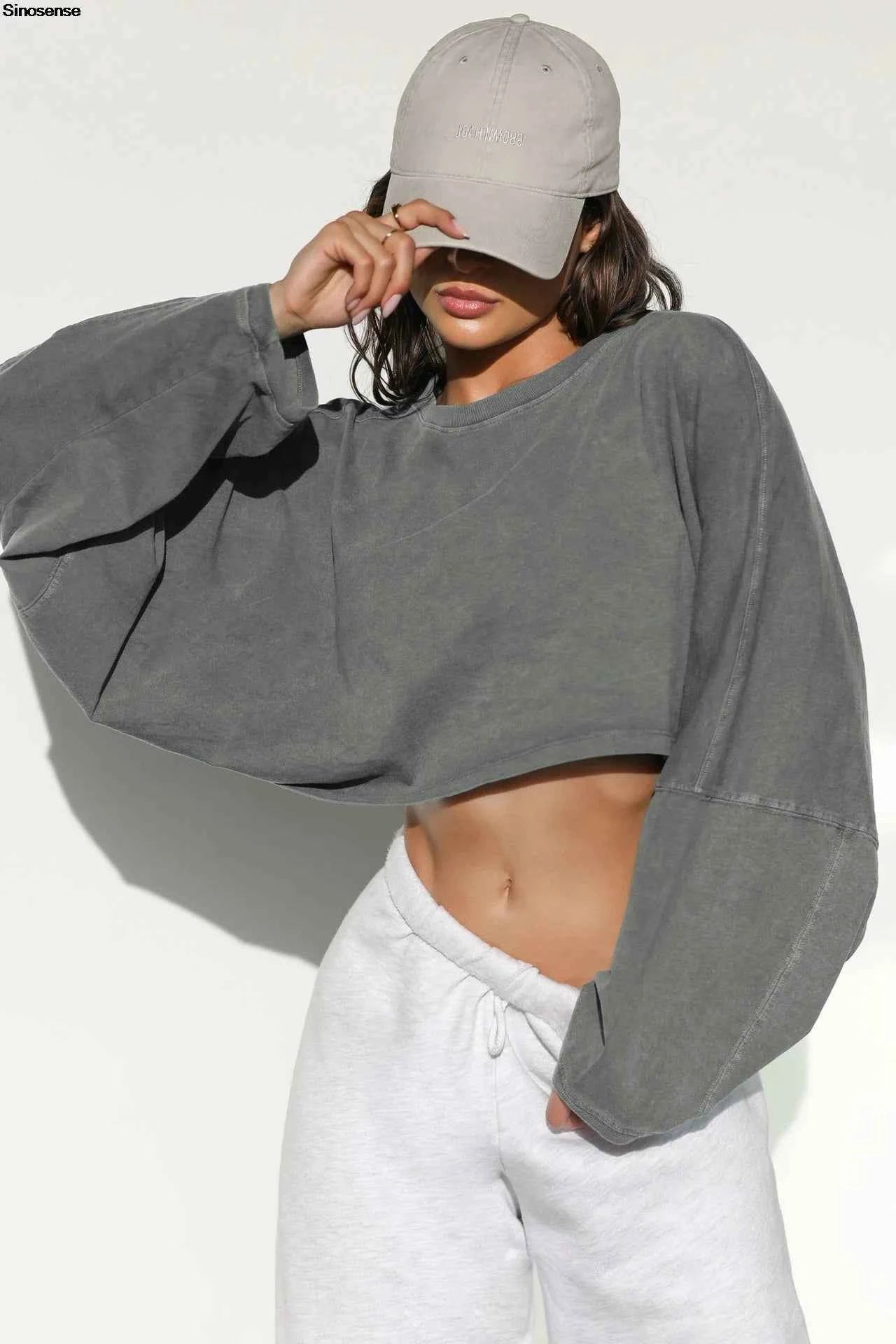 Women Crewneck Cropped Sweatshirt Long Sleeve Crop Tops Casual Loose Fit Athletic Gym Yoga Sport Workout Crop Sweatshirt Tops
