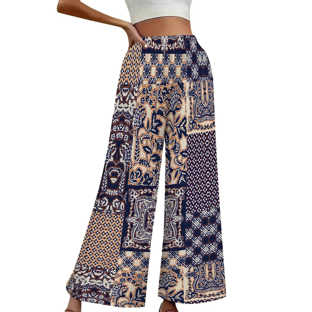 Women's Summer Wide Leg Pants African High Wasited Baggy Palazzo Pants Casual Bell Bottom Elastic Waist Pants