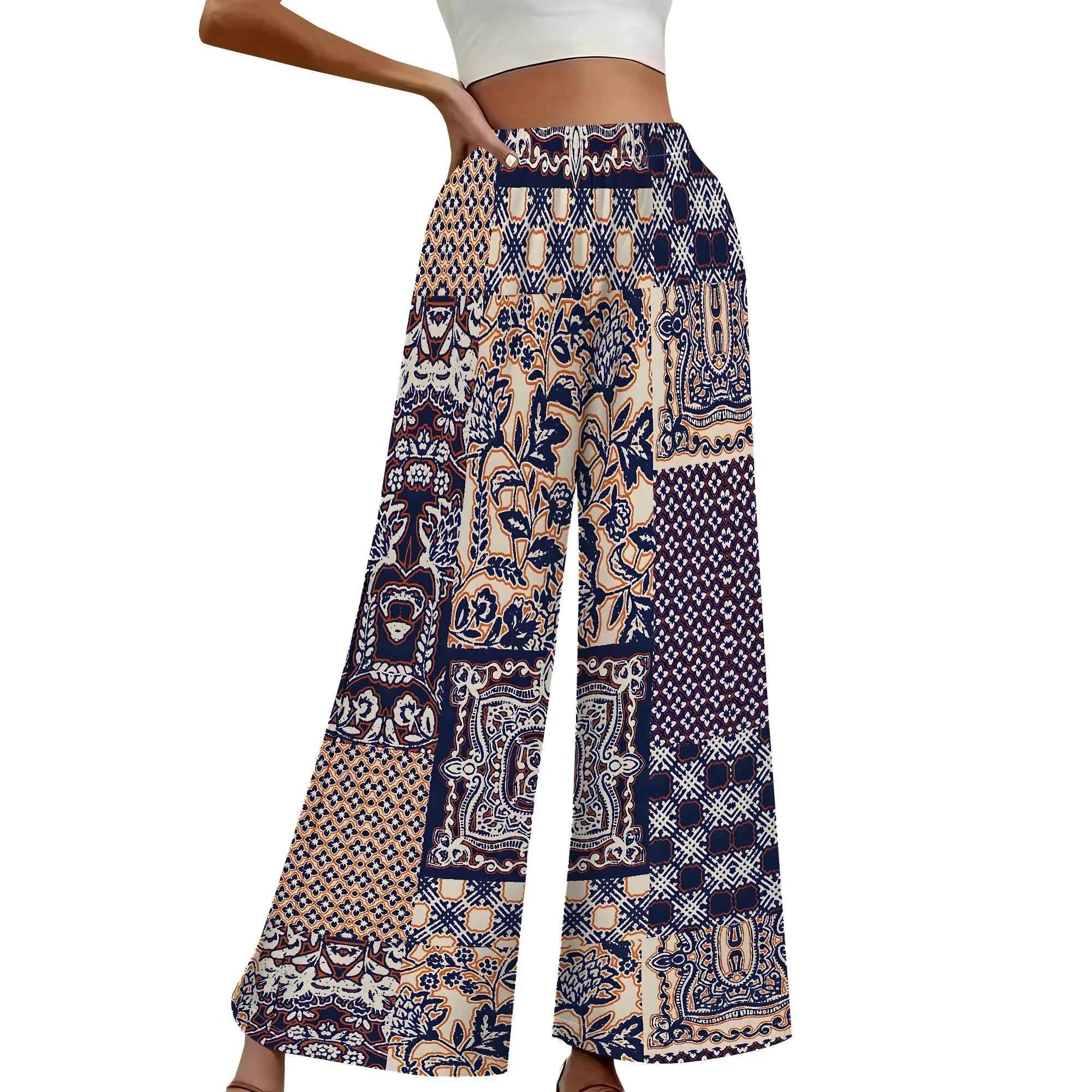 Women's Summer Wide Leg Pants African High Wasited Baggy Palazzo Pants Casual Bell Bottom Elastic Waist Pants