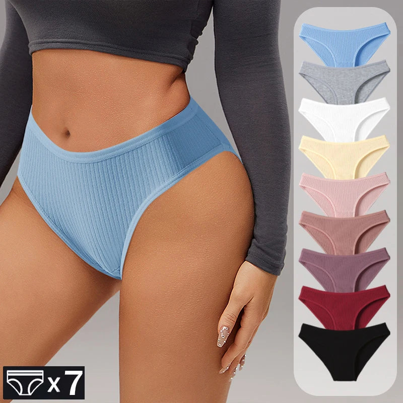 7Pcs Women's Panties Striped Briefs for Women Low-Rise Breathable Cotton Female Soft Underwear Solid Colors Ladies Underpants