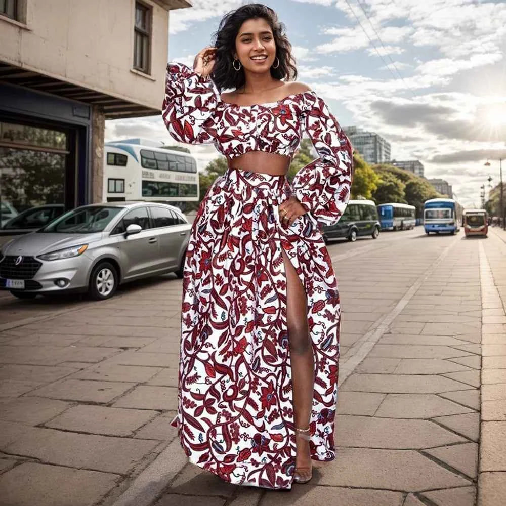Fashion African National Women Two Piece Set Sexy Slash-neck Long Sleeve Tops +High Slit Maxi Skirt Ladies Suit Africa Clothing
