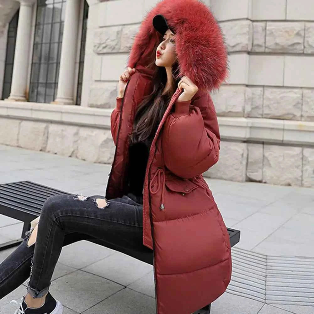 Winter Overcoat Down Coat Jacket Women Fur Furry Hood Thickened Padded Drawstring Waist Zipper Mid Length Cotton Coat