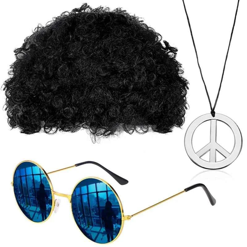 African Men's Synthetic Wig 3/4-Piece Set Afro Kinky Curly Wig Glasses Necklace Beard 70s 80s Disco Theme Party Costume Wig