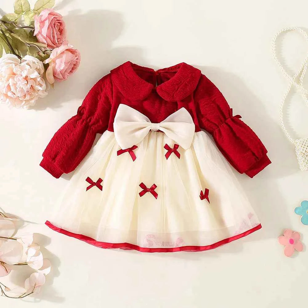 Children's Clothing Autumn New Style Girls' Dress Girls' Big Bow Children's Long Sleeved Sweet Mesh Skirt