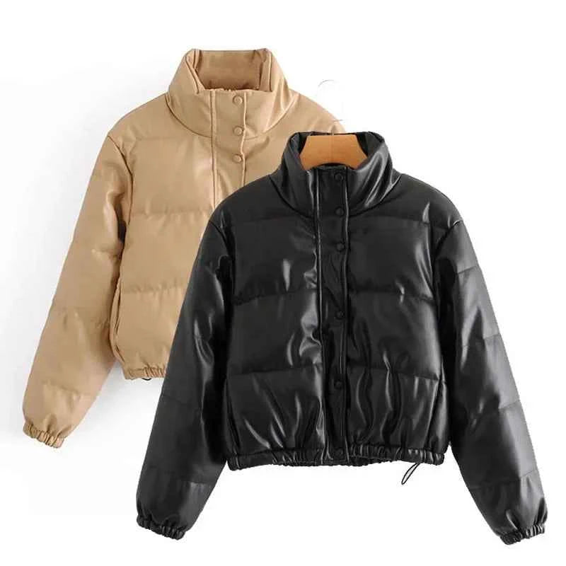 Winter Women's Jacket Thick Warm Short Parka Black Pu Leather Coats Woman Parkas Elegant Zipper Cotton Jackets Coat Female New