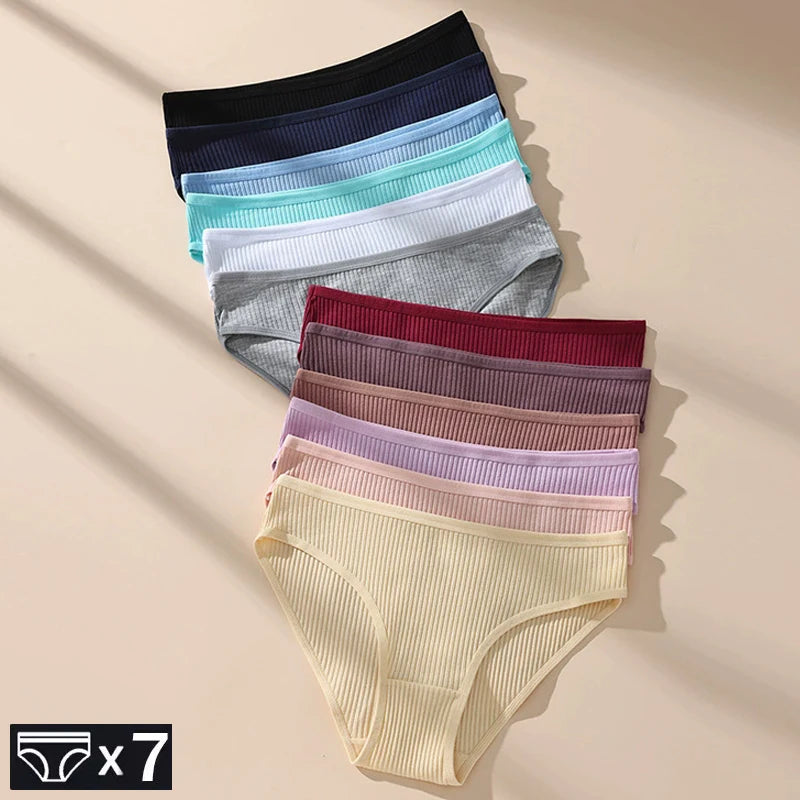 7Pcs Women's Panties Striped Briefs for Women Low-Rise Breathable Cotton Female Soft Underwear Solid Colors Ladies Underpants