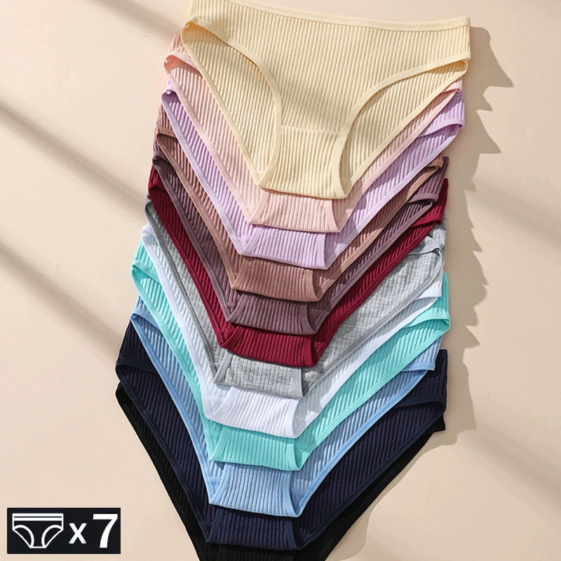7Pcs Women's Panties Striped Briefs for Women Low-Rise Breathable Cotton Female Soft Underwear Solid Colors Ladies Underpants