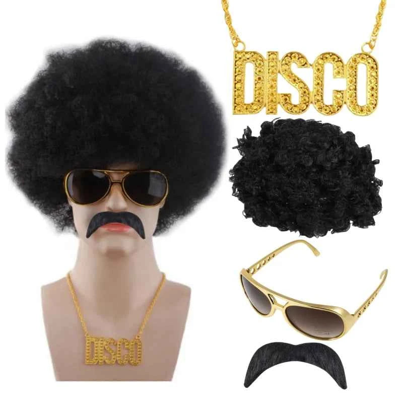 African Men's Synthetic Wig 3/4-Piece Set Afro Kinky Curly Wig Glasses Necklace Beard 70s 80s Disco Theme Party Costume Wig